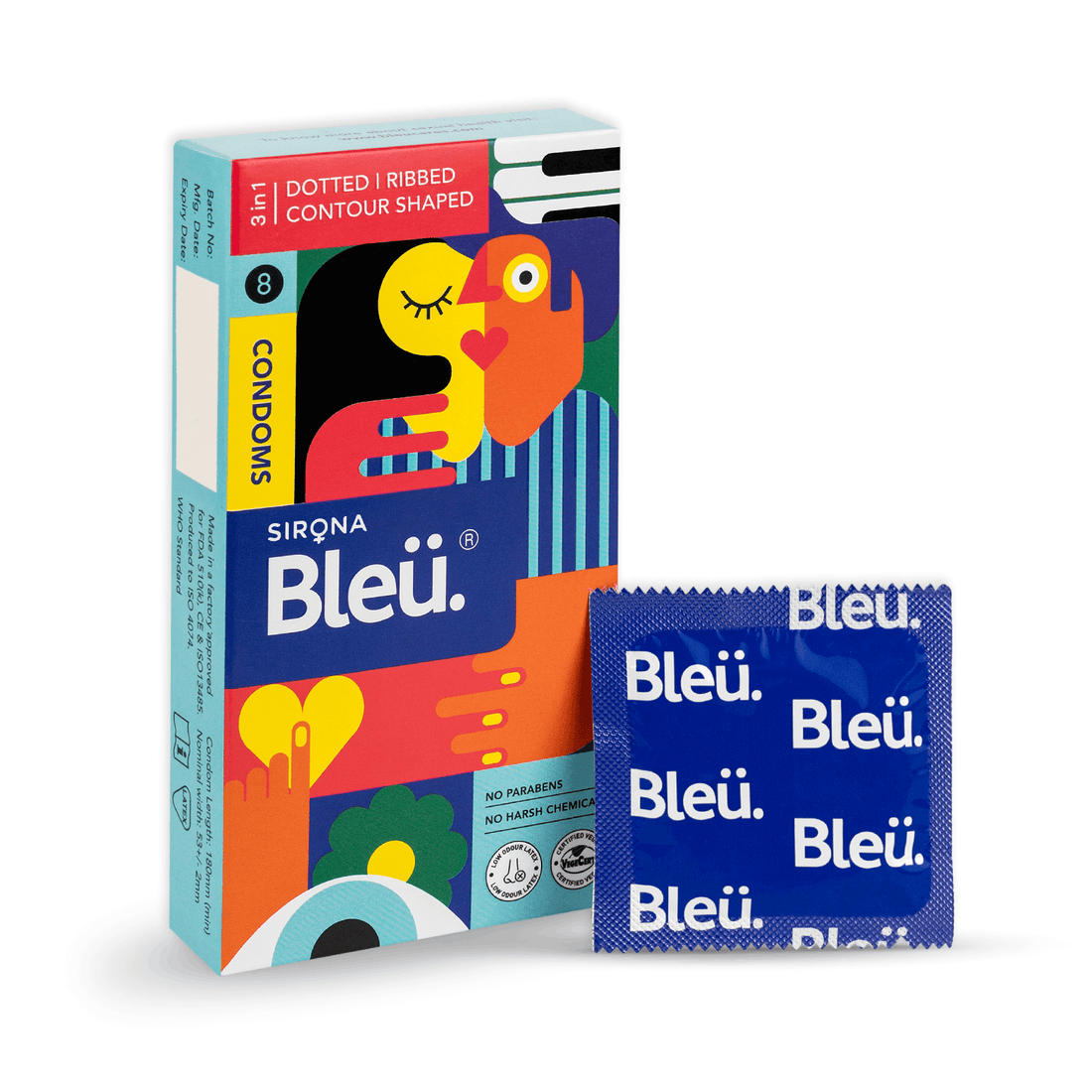 Bleu 3 in 1 Vegan Condoms (Ribbed, Dotted & Contoured, (1 Pack of 8)