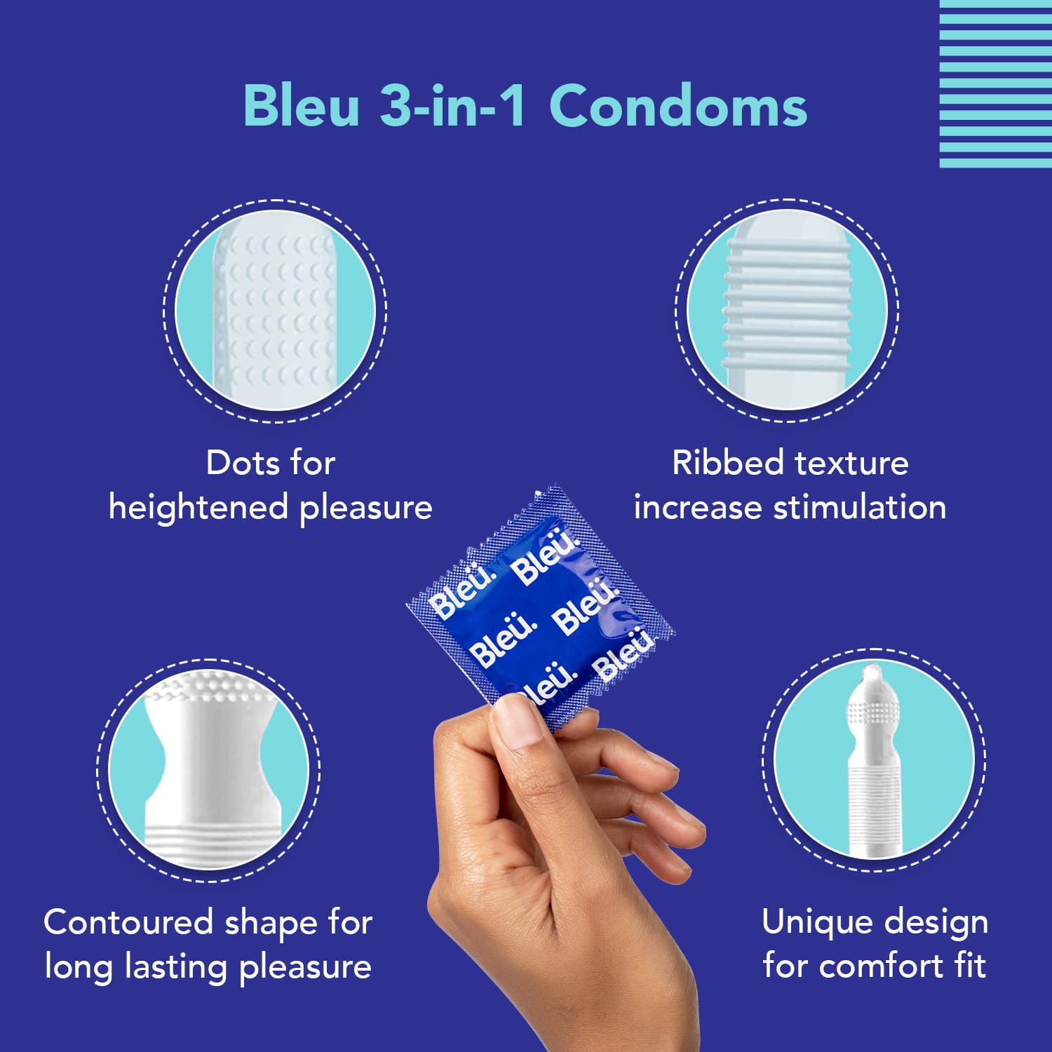 3 In 1 Condoms (Pack of 8) | Ribbed &amp; Dotted Condoms with Natural Latex for Extra Sensitive Skin, No Fragrance &amp; Chemical Free