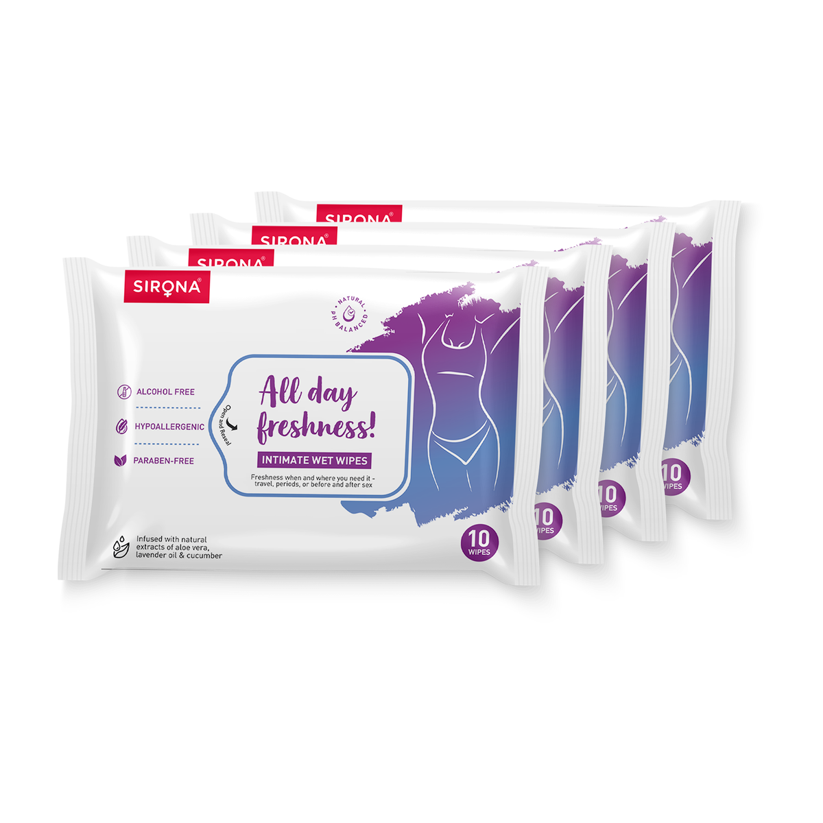 Packaging of Sirona intimate wet wipes with &