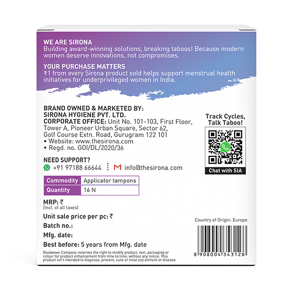 Back of Sirona packaging with branding and details