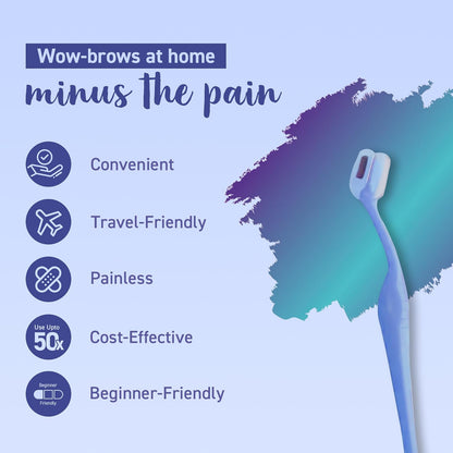 Promotional graphic for a home brow grooming tool with features listed on a blue background