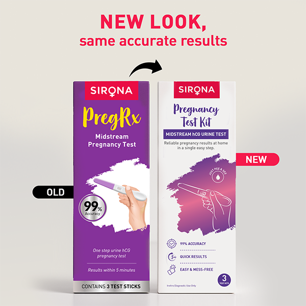 Comparison of Sirona PregRx Midstream Pregnancy Test and Pregnancy Test Kit packaging 