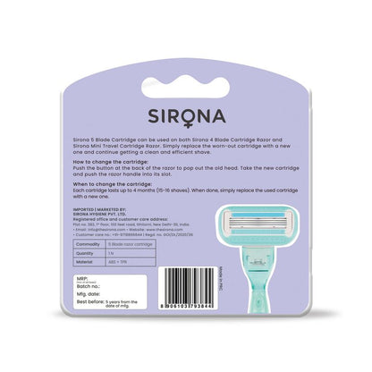 Sirona 5 Blade Cartridge Blades | Replacable Cartridge Blade for Women Razors, Stainless Steel Blade for Hair Removal from Arms, Underarms, Bikini area &amp; Legs (Pack of 2)
