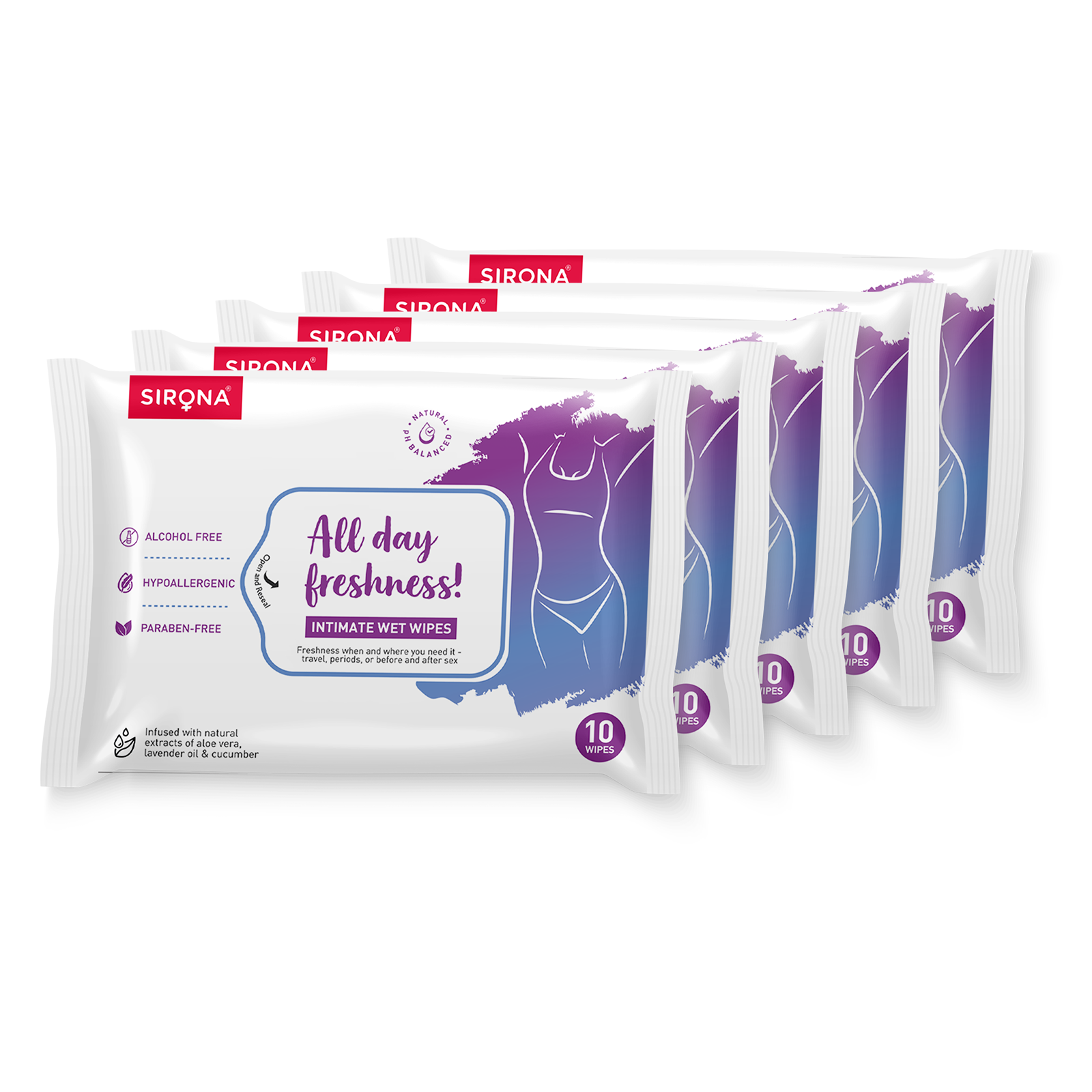 Packaging of Sirona intimate wet wipes with &