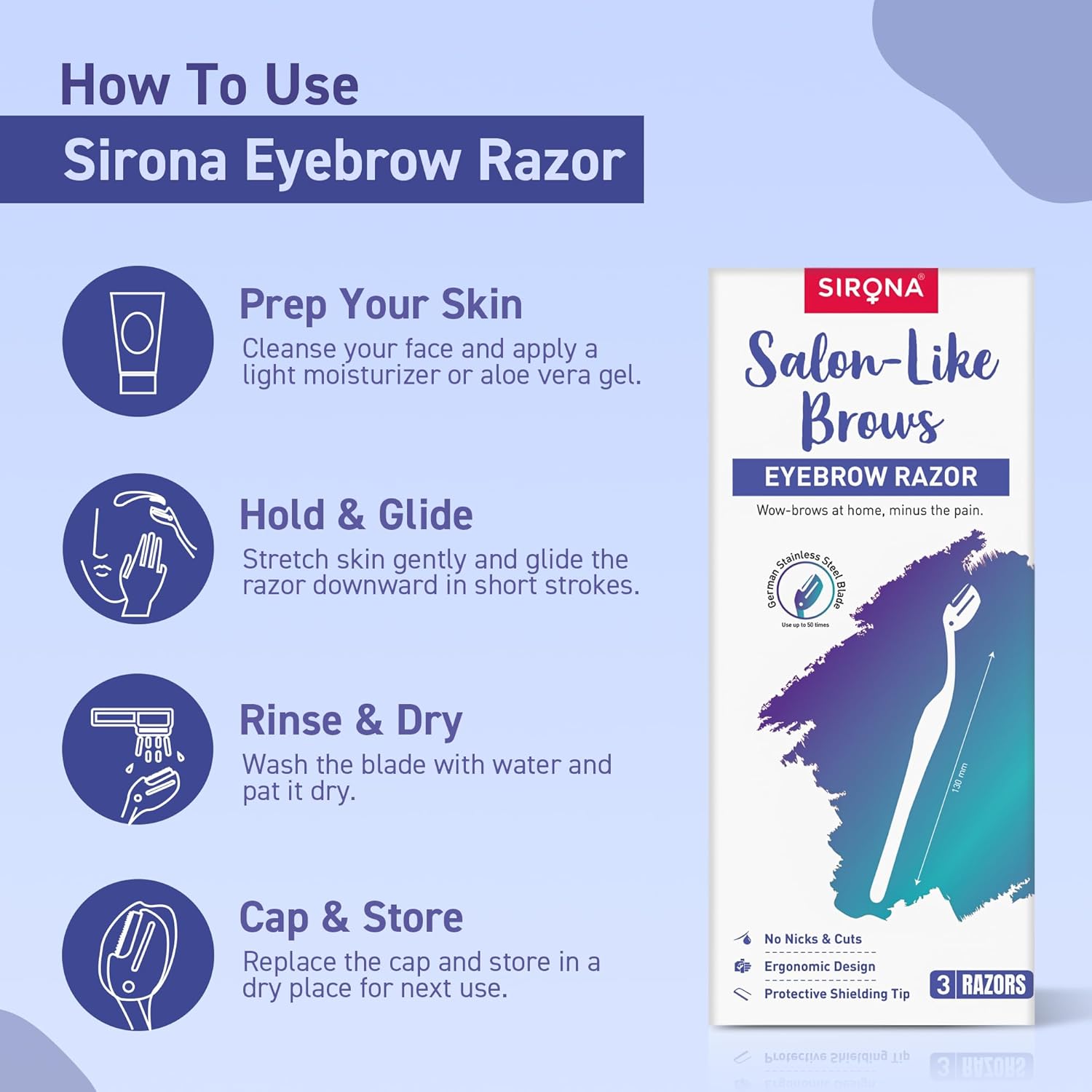 Instructions on how to use Sirona Eyebrow Razor with product packaging on a light blue background