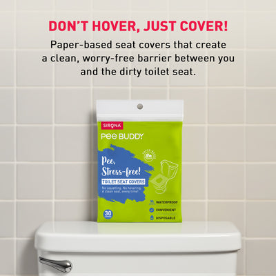 Package of Pee Buddy toilet seat covers on a tiled bathroom wall with text promoting their use
