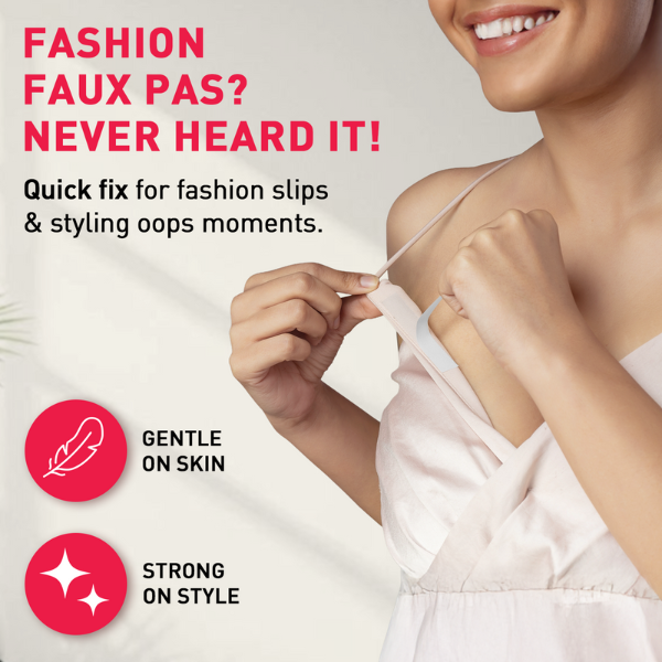 Advertisement for a product to fix fashion slips with a woman adjusting her top