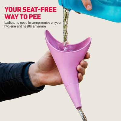 Pink urine funnel being used with text about a seat-free way to pee