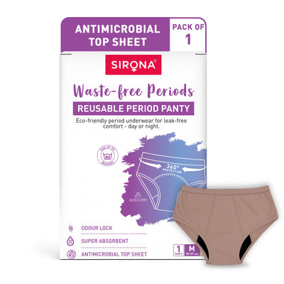 Sirona reusable period panty packaging with a brown panty on a white background