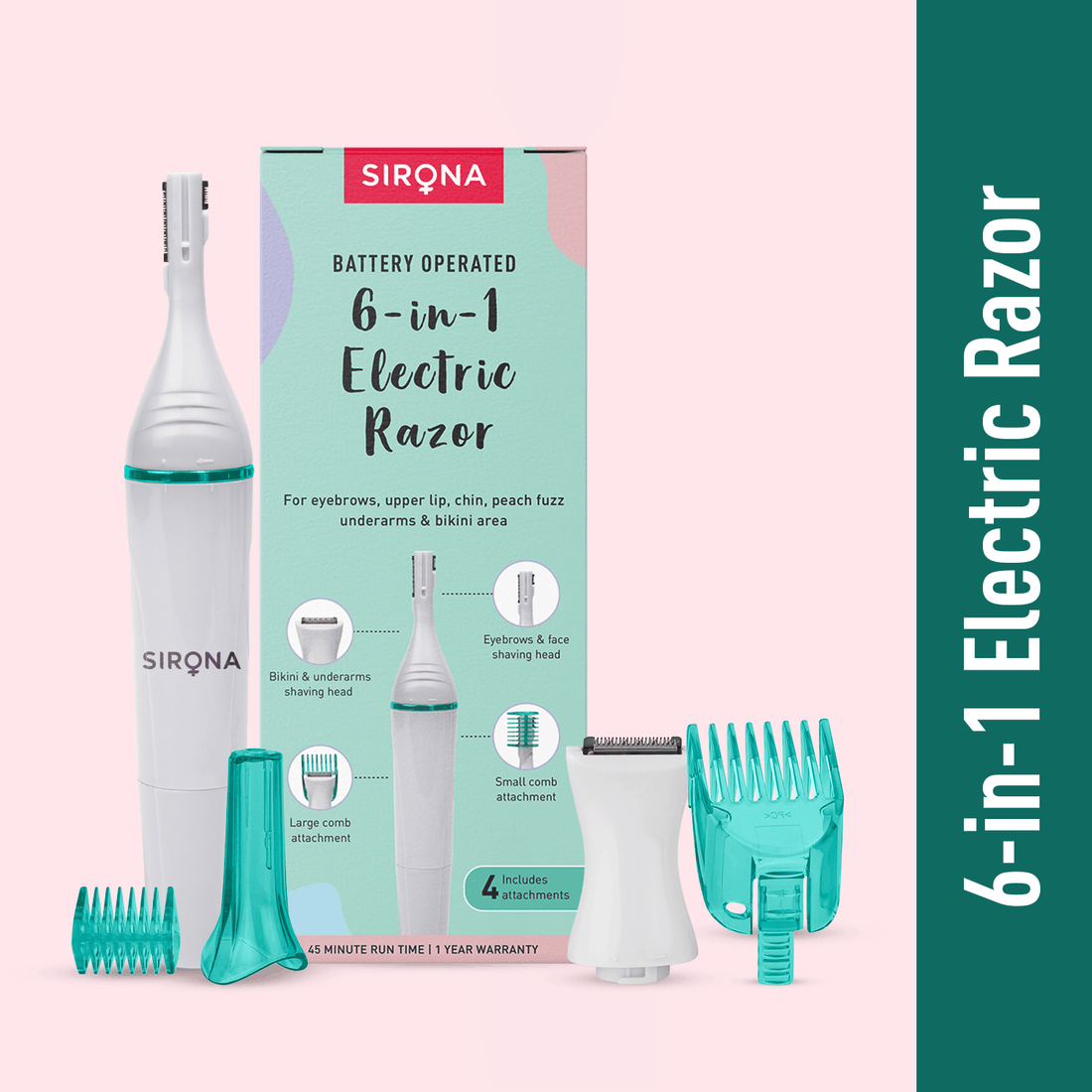 Sirona 6 In 1 Electric Razor for Women | Hair Removal Electric Trimmer for Facial, Underarms &amp; Bikini Area, Battery Operated, 45 min Runtime