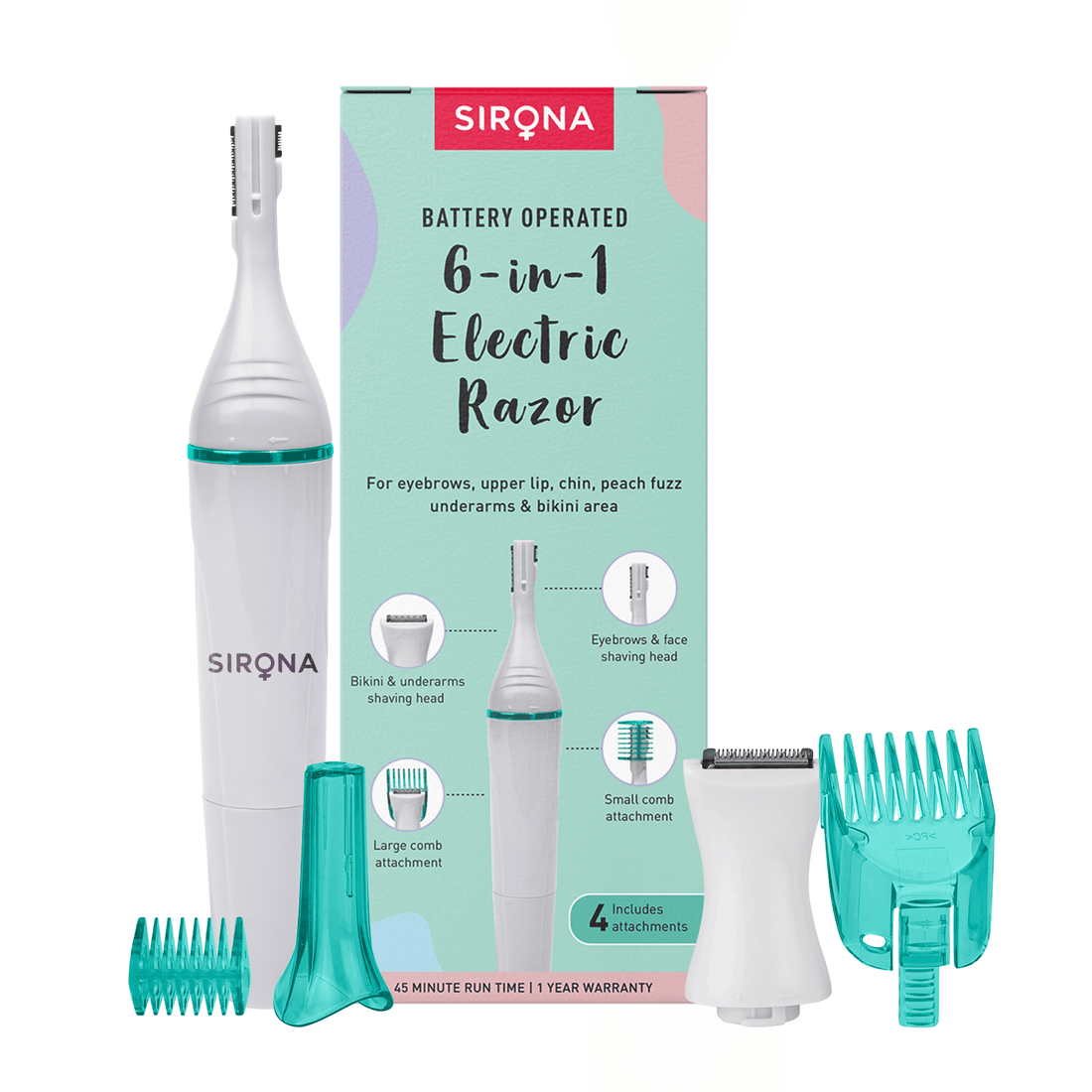 Sirona 6 In 1 Electric Razor for Women | Hair Removal Electric Trimmer for Facial, Underarms & Bikini Area, Battery Operated, 45 min Runtime