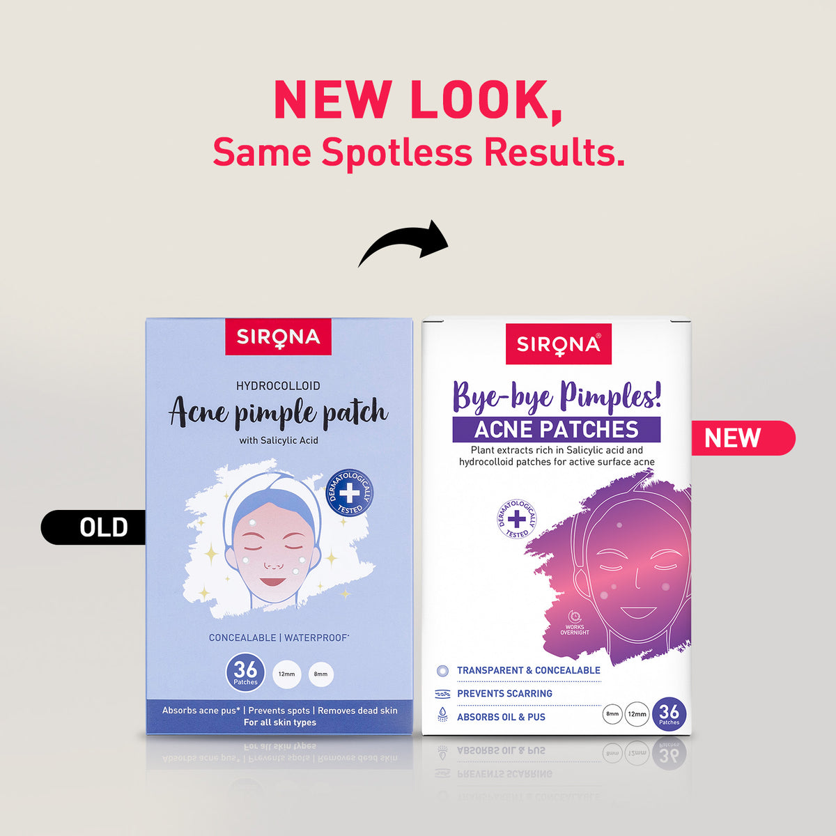 Comparison of Sirona acne patches packaging, old and new designs