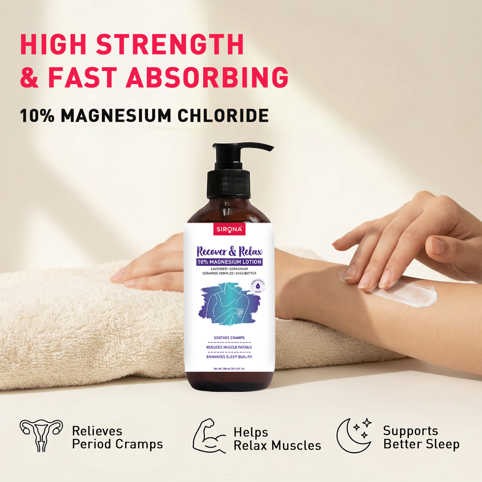 Sirona Recover &amp; Relax 10% Magnesium Chloride lotion bottle with a person applying it to their arm