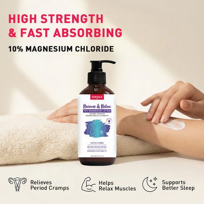 Sirona Recover &amp; Relax 10% Magnesium Chloride lotion bottle with a person applying it to their arm