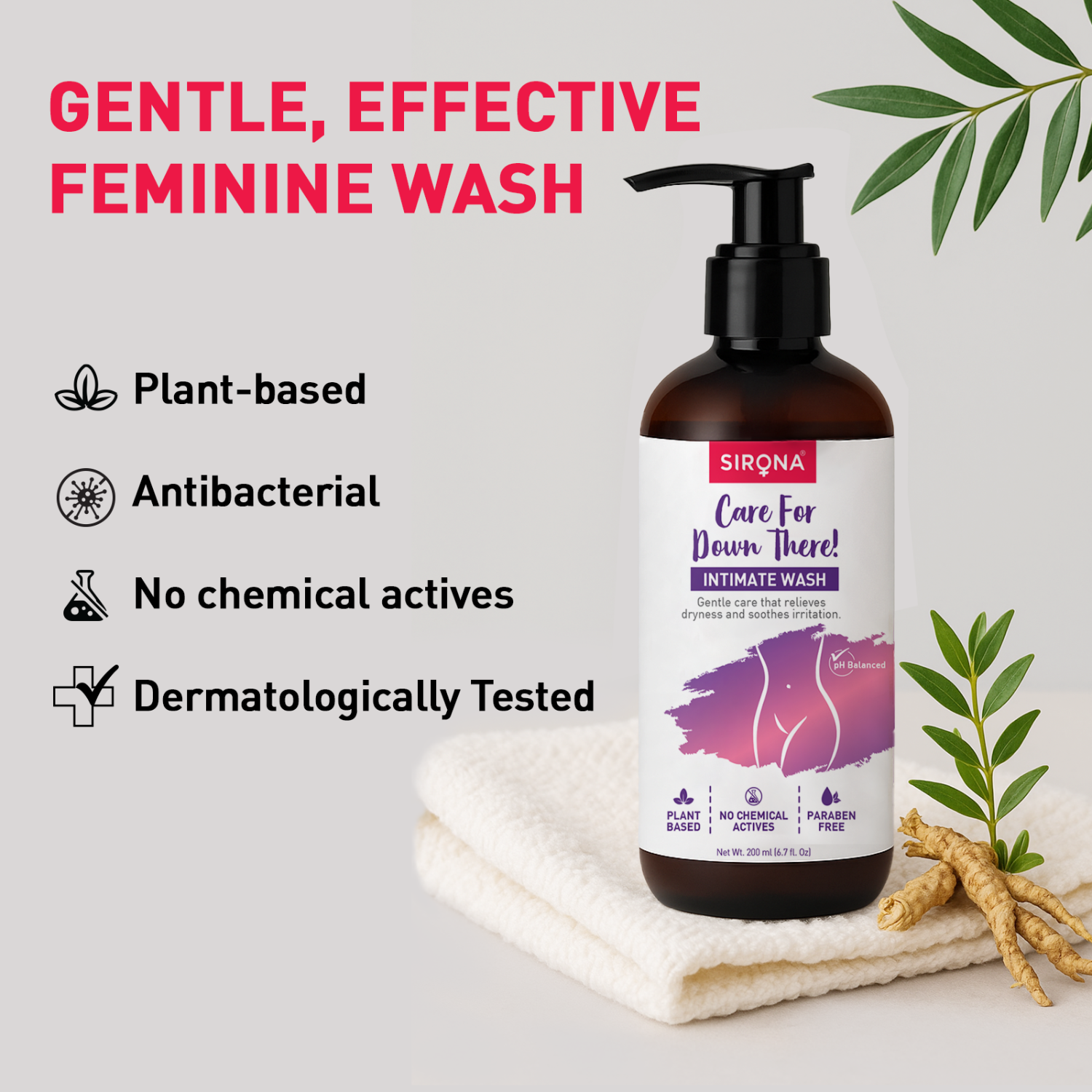 Sirqna intimate wash bottle with product features on a light background