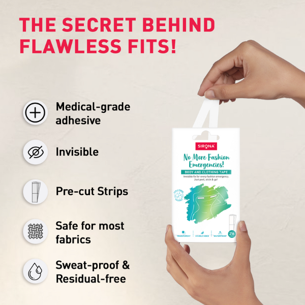 Product packaging held by hands with features listed 