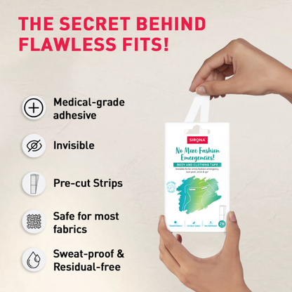 Product packaging held by hands with features listed 