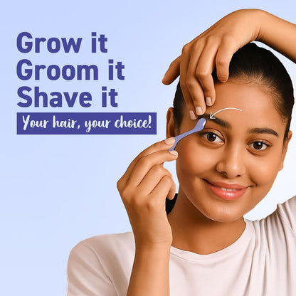 Person grooming their face with a razor, with text about hair care choices on a light blue background.