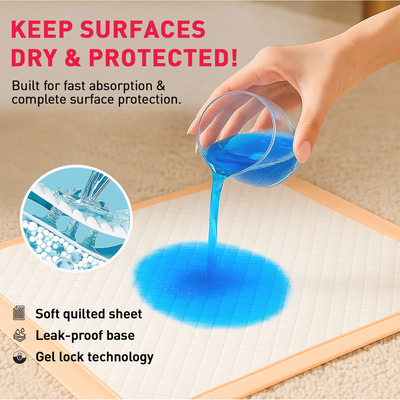 Hand pouring blue liquid onto a soft quilted sheet with text about surface protection and features
