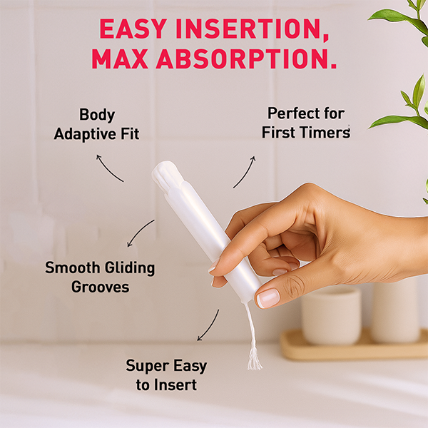 Tampon showing key features and benefits