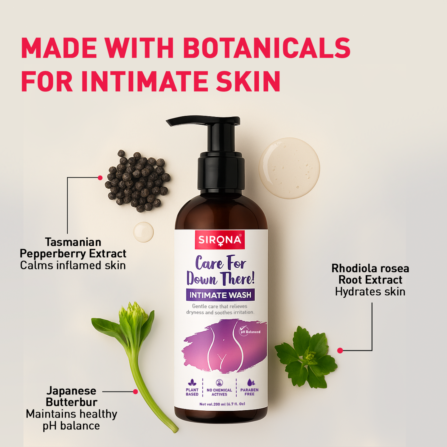 Sirona intimate wash bottle with botanical ingredients on a light background