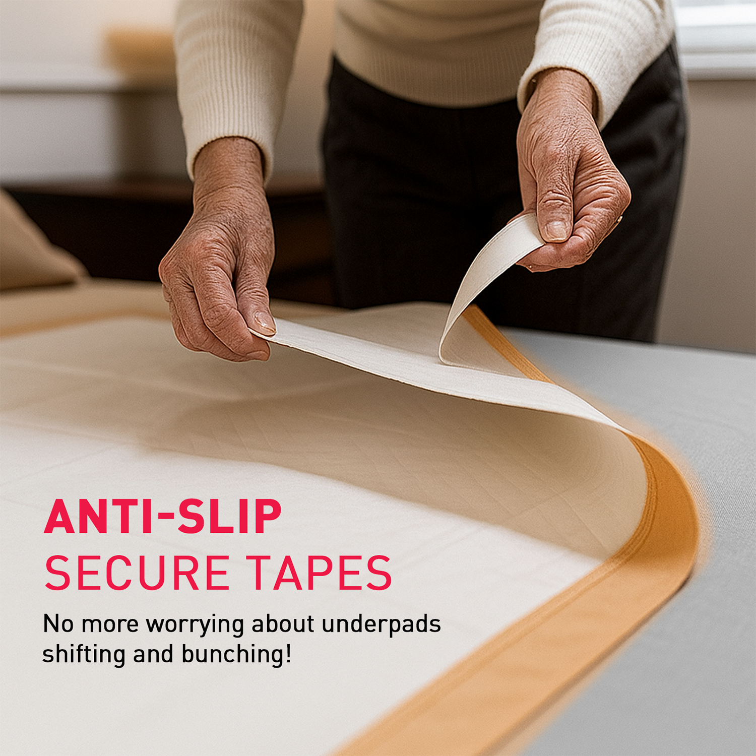 Person applying anti-slip secure tapes to a surface with promotional text
