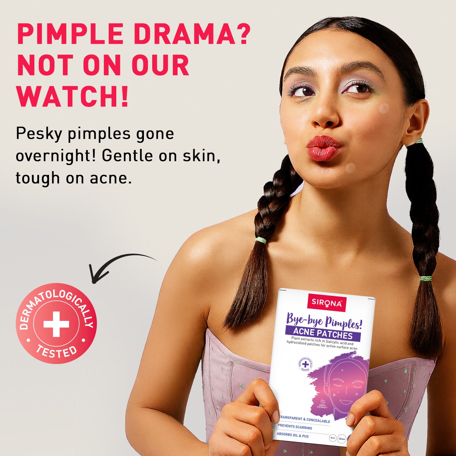 Woman holding Sirona acne patches with text about pimple treatment