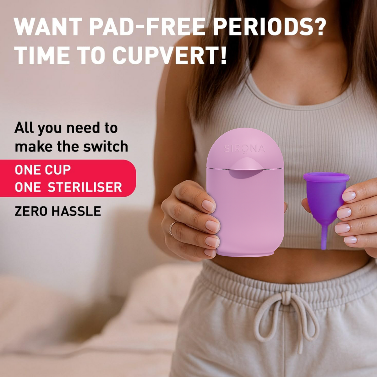 Person holding a menstrual cup and its sterilizer 