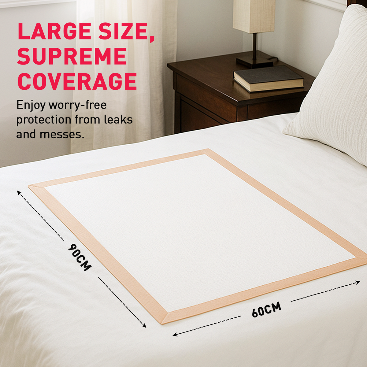 Bedding pad with dimensions on a bed, featuring text about large size and supreme coverage