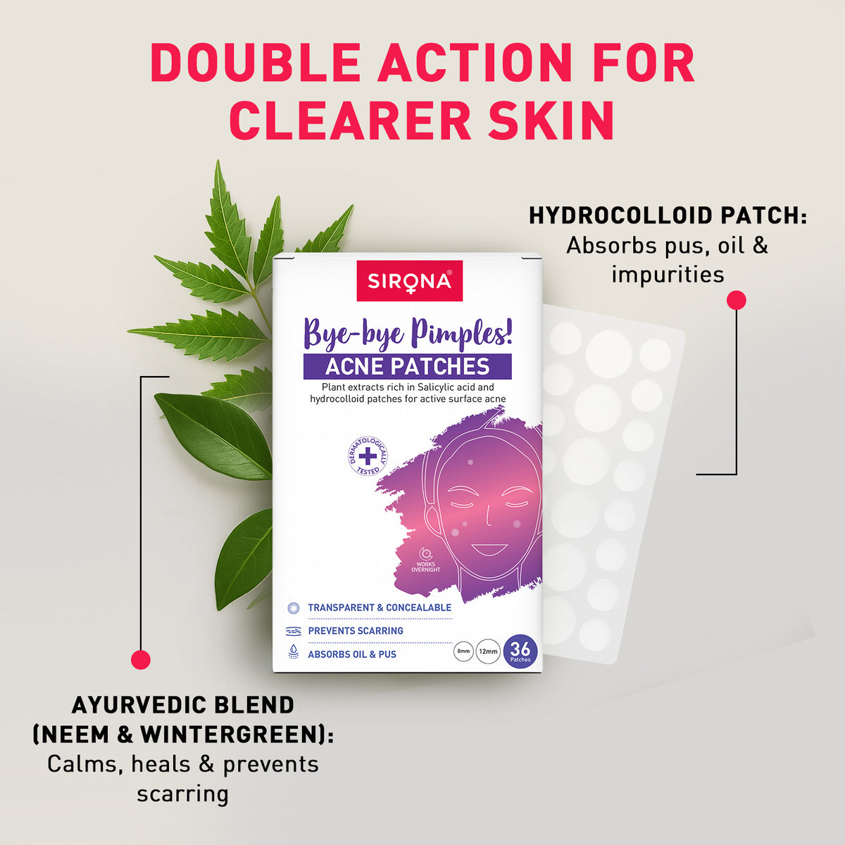 Sirona acne patches packaging with text on a light gray background