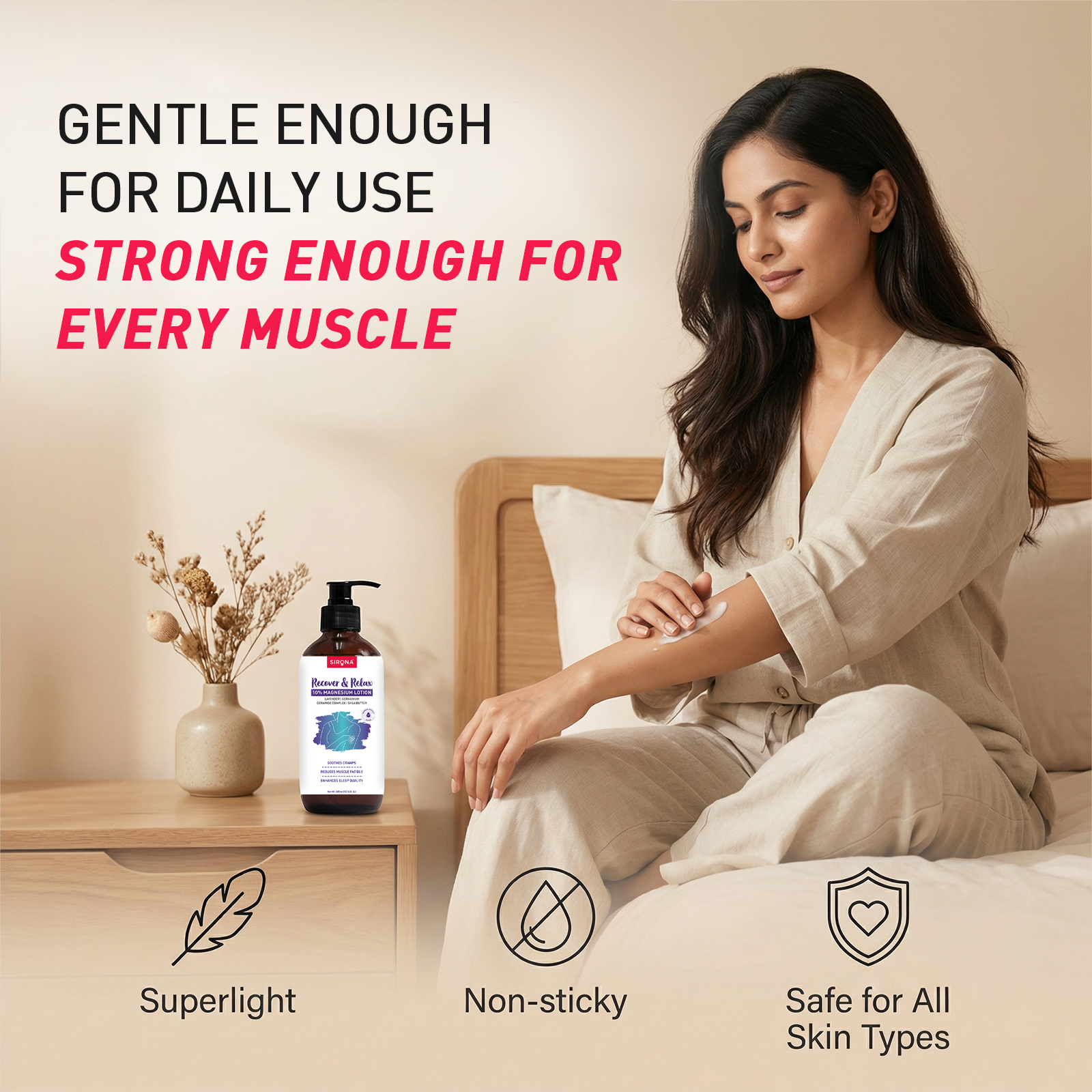 Woman sitting on a bed with a bottle of lotion next to her, featuring text about product strength and safety