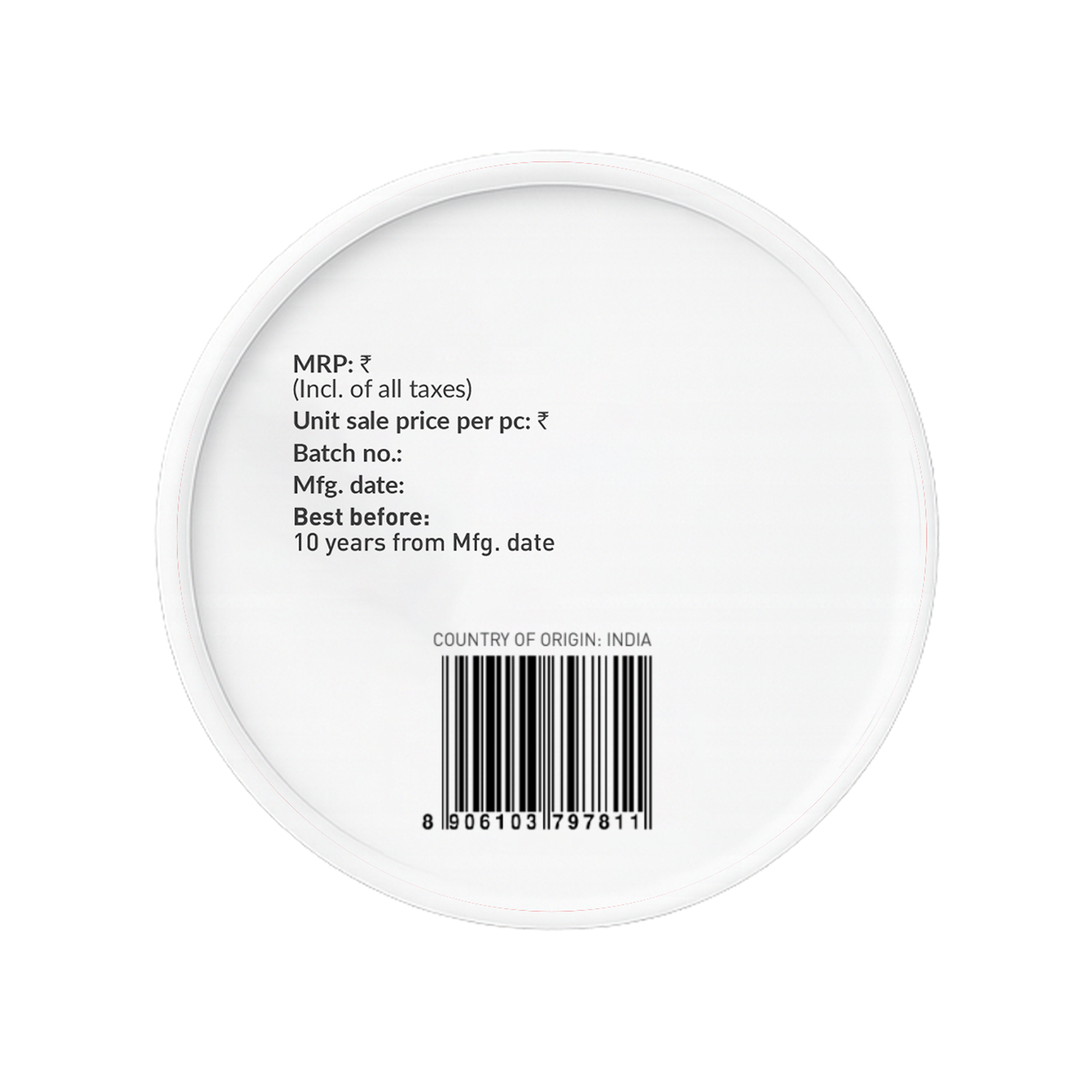 Round white container with text and barcode 