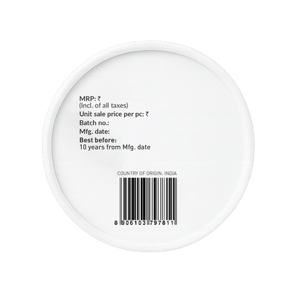 Round white container with text and barcode 
