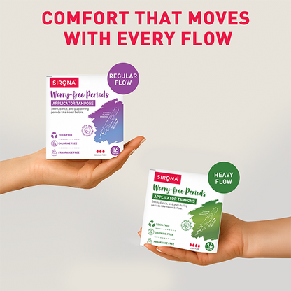 Two hands holding Sirona applicator tampon boxes with product