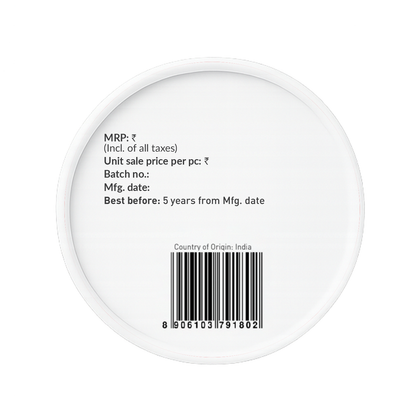 Round white label with text and a barcode 
