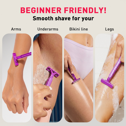 Purple razor being used on arms, underarms, bikini line, and legs with text &