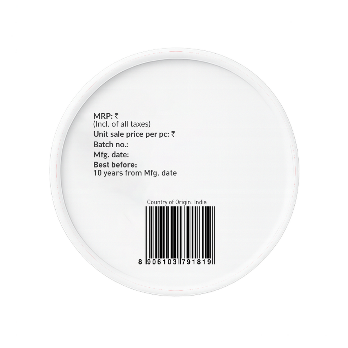 Round white container with text and barcode 