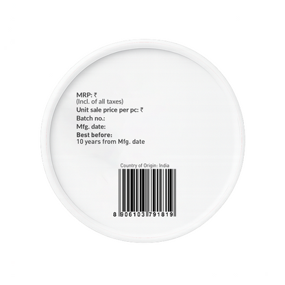 Round white container with text and barcode 
