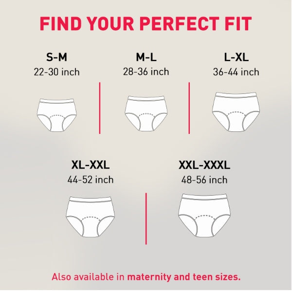 Underwear size chart with waist measurements