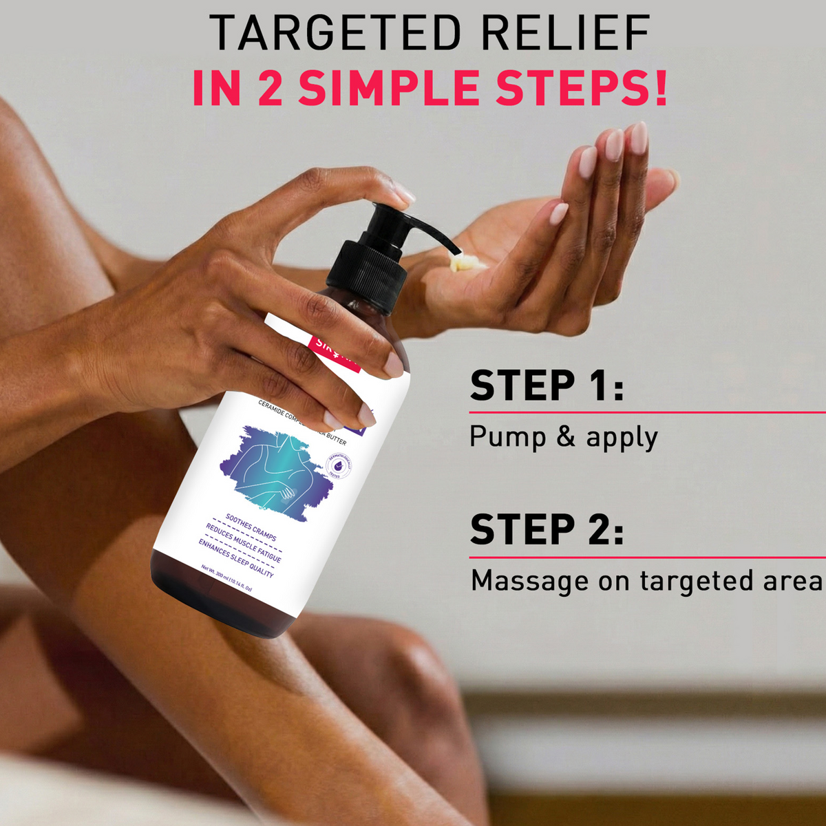 Person applying sirona skincare product with text on targeted relief and application steps