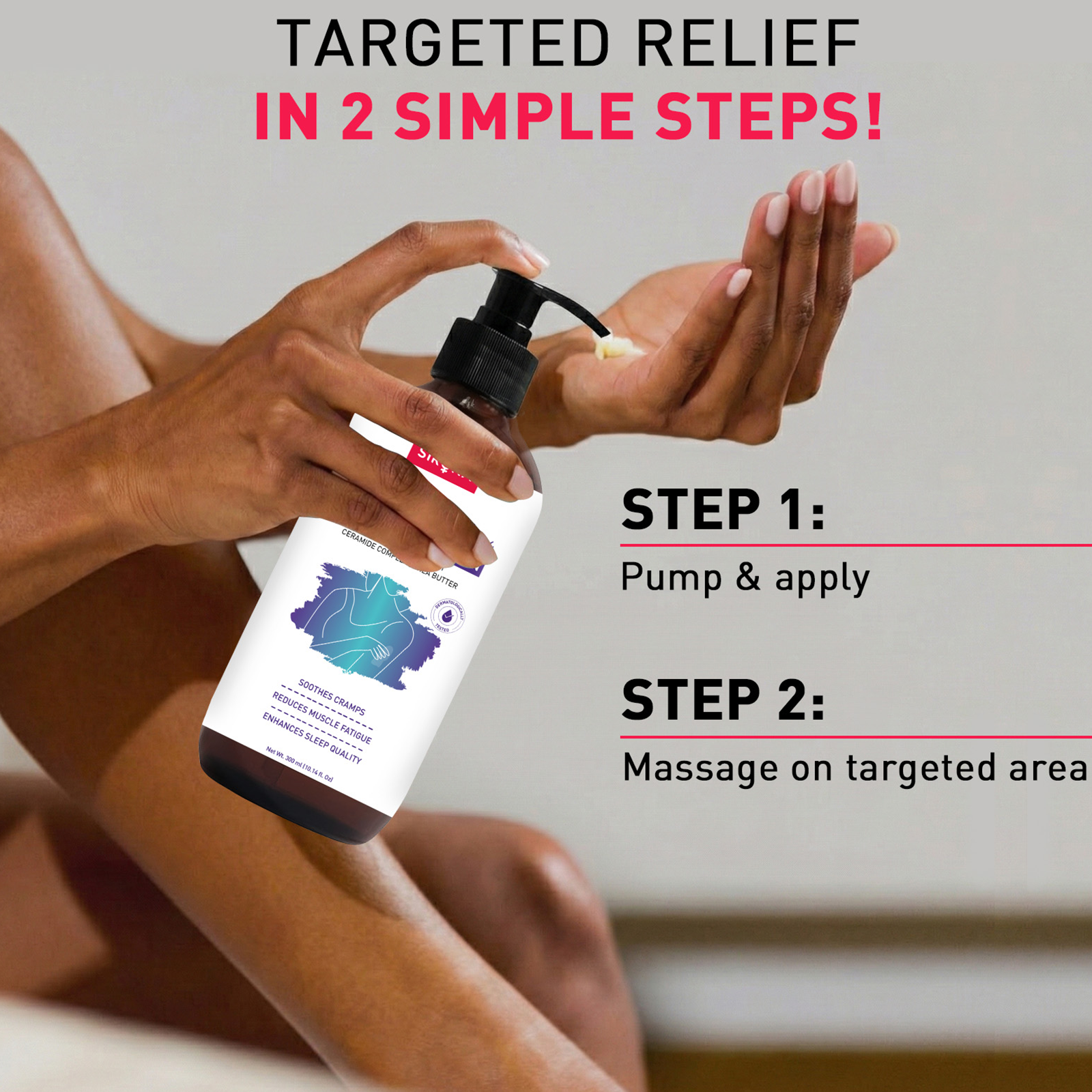 Person applying sirona skincare product with text on targeted relief and application steps