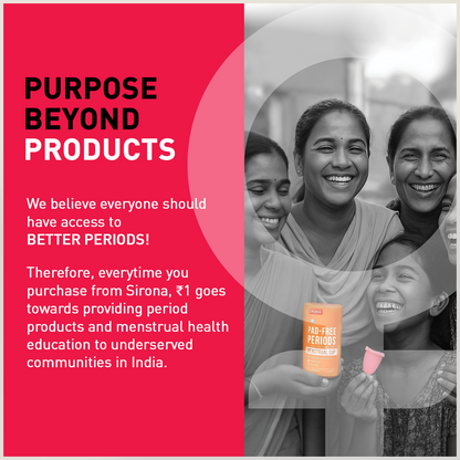 Advertisement for Sirona period products with text about access to better periods and community support