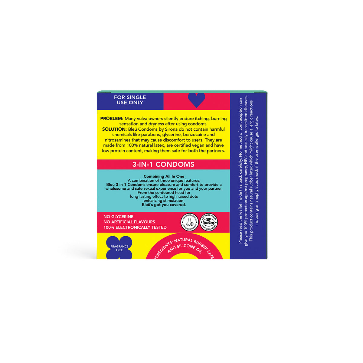 Bleu 3 in 1 Vegan Condoms – Dotted, Ribbed &amp; Contoured, Chemical-Free (1 Pack of 3)