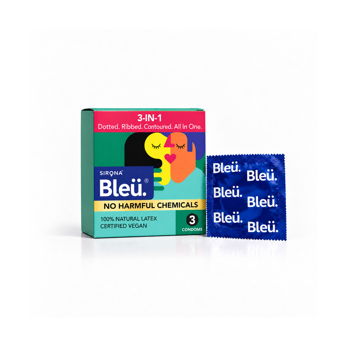 Bleu 3 in 1 Vegan Condoms – Dotted, Ribbed &amp; Contoured, Chemical-Free (1 Pack of 3)