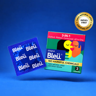Bleu 3 in 1 Vegan Condoms – Dotted, Ribbed &amp; Contoured, Chemical-Free (1 Pack of 3)