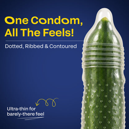 Bleu 3 in 1 Vegan Condoms – Dotted, Ribbed &amp; Contoured, Chemical-Free (1 Pack of 3)