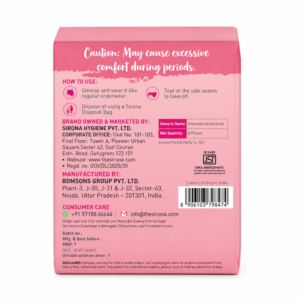 Sirona Disposable Period Panties Comfort+  L-XL pack of 5