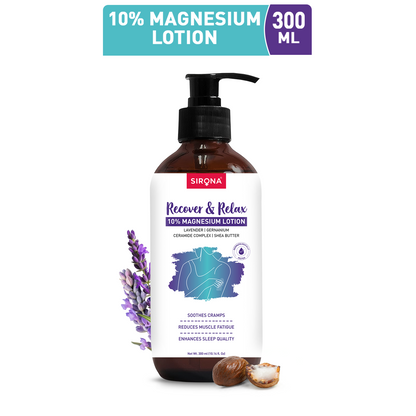 Sirona 10% magnesium lotion bottle with lavender and shea butter on a white background