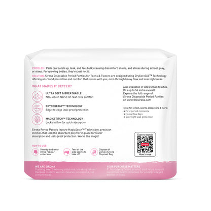 Sirona Disposable Teens Period Pants – Pack of 5, Ultra-Soft Leak-Proof Protection