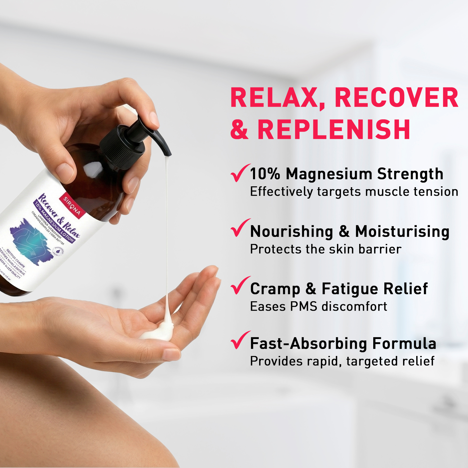 Hand holding a bottle of magnesium product with text highlighting benefits on a light background